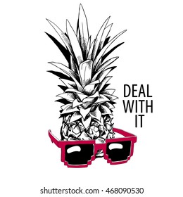 Pineapple in a red glasses "Deal with it". Vector illustration.