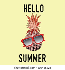 Pineapple with red sunglasses. Hello Summer. Vector illustration on yellow background