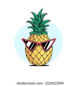 Pineapple in red sunglasses summer illustration in comic, cartoon style, vector drawing