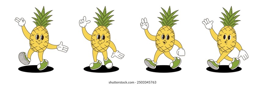 Piña en estilo retro groovy. Personajes retro de piña.