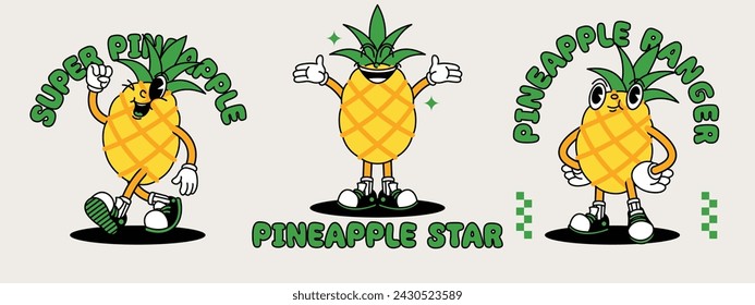 Pineapple retro mascot with hand and foot. Retro cartoon stickers with funny comic characters and gloved hands.
