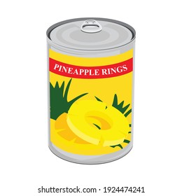 Pineapple rings in aluminum can isolated on white background. Canned food vector