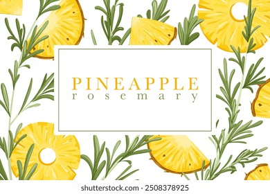 Ananas Rosmarin Label Design. Tropischer Frucht-Vektoraufkleber. Textfeld Fruchtiger Hintergrund. Etikett für Lebensmittel, Getränke, Geschmacksverpackungen. Elemente ausschneiden. Weißer Hintergrund