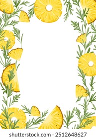 Pineapple rosemary vertical frame. Tropical fruit vector poster. Copy space. Print for food, drink, flavour, aroma packaging. Not cropped elements. White background