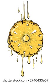 Pineapple round slice with juice drops. Tropical exotic fruit. Healthy food ingredient. Simple vector color illustration with outline in hand drawn style isolated on white for print, label, menu