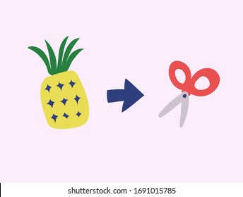pineapple and scissors think about it.quiz illustration.unique drawing.simple design for quiz.new idea illustration.