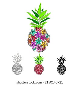 Pineapple with sea stars. Vector illustration logo, t-shirt design.