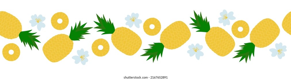  Pineapple seamless border. Cartoon whole fruit, slices and flowers on white background