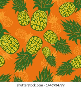 Pineapple. Seamless doodle pattern. Cartoon design. Vector texture.Yellow exotic fruit on an orange background.