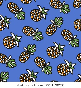 Pineapple seamless fabric print. Exotic fruits drawn in doodle style on a blue background. Seamless southern color vacation pattern. Hand drawn vegan sweet tasty vegan food. Wallpaper fruit texture.