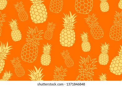 Pineapple seamless orange pattern, hand drawn. Textile print for apparel. yellow Realistic handmade line ananas. vector illustration isolated on white background. art