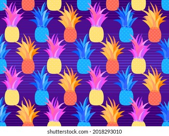 Pineapple seamless pattern in 80s style. Colorful pineapples. Summer fruit pattern. Tropical background for T-shirts, prints on paper and fabric. Vector illustration