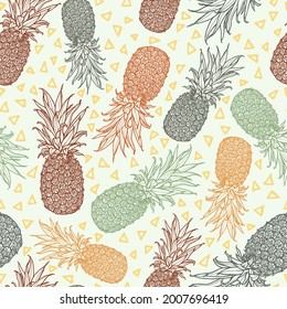 Pineapple seamless pattern.  Background with colorful tropical fruits. Hand-drawn in ink. Vector backdrop.
