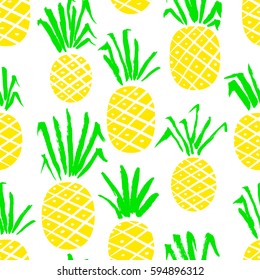 Pineapple seamless pattern. Background with summer fresh fruits with hand ink drawn leaves. Vector natural illustration for seasonal wrapping, cards, textile