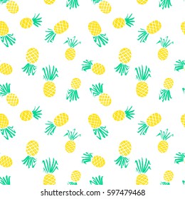 Pineapple seamless pattern. Background with summer fresh fruits with hand ink drawn leaves. Vector natural illustration for seasonal wrapping, cards, textile