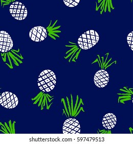Pineapple seamless pattern. Background with summer fresh fruits with hand ink drawn leaves. Vector natural illustration for seasonal wrapping, cards, textile