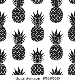 Patrón sin soldadura de piña. Textura textil de frutas tropicales negras sobre fondo blanco. Impresión de comida, envoltura de tela fondo decorativo. Gráfico tipográfico. Elemento de diseño Repetir ilustración Vector
