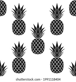 Patrón sin soldadura de piña. Textura textil de frutas tropicales negras sobre fondo blanco. Impresión de comida, envoltura de tela fondo decorativo. Gráfico tipográfico. Elemento de diseño Repetir ilustración Vector