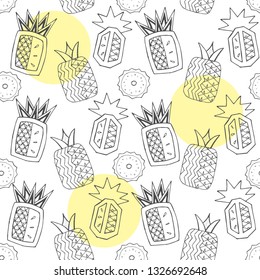 Pineapple seamless pattern, black and white vector wallpaper, textile print