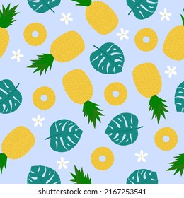  Pineapple seamless pattern. Cartoon fruit, flowers and leaves on blue background