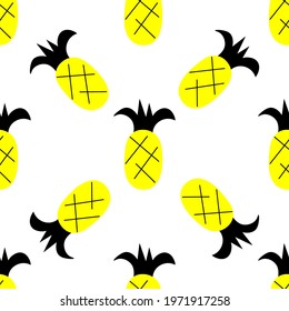 Pineapple seamless pattern in a cartoon style with a clipping mask. Isolated stock vector illustration. Bright yellow and black pineapples on a white background.
