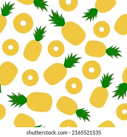  Pineapple seamless pattern. Cartoon whole fruit and slices on white background. Vector illustration