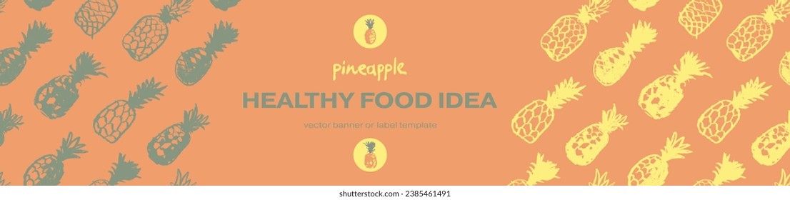 Pineapple seamless pattern with color hand drawn pineapples ornament. Healthy food idea banner template design. Organic ananas label template. Fruit and berries doodles for natural cosmetic design.