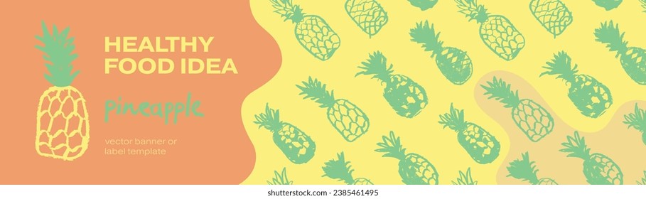 Pineapple seamless pattern with color hand drawn pineapples ornament. Healthy food idea banner template design. Organic ananas label template. Fruit and berries doodles for natural cosmetic design.