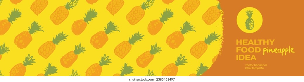 Pineapple seamless pattern with color hand drawn pineapples ornament. Healthy food idea banner template design. Organic ananas label template. Fruit and berries doodles for natural cosmetic design.