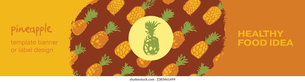 Pineapple seamless pattern with color hand drawn pineapples ornament. Healthy food idea banner template design. Organic ananas label template. Fruit and berries doodles for natural cosmetic design.