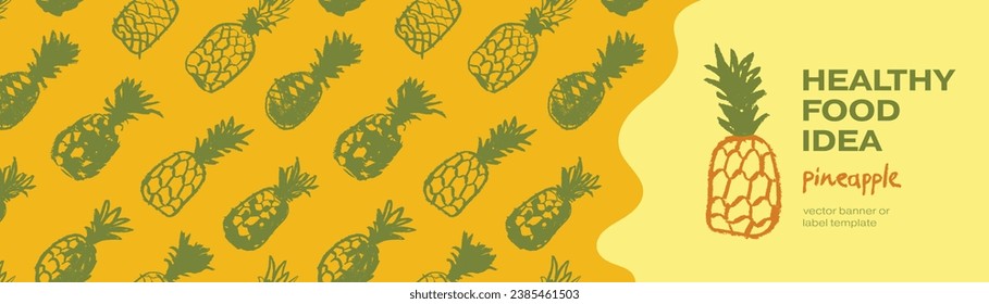 Pineapple seamless pattern with color hand drawn pineapples ornament. Healthy food idea banner template design. Organic ananas label template. Fruit and berries doodles for natural cosmetic design.