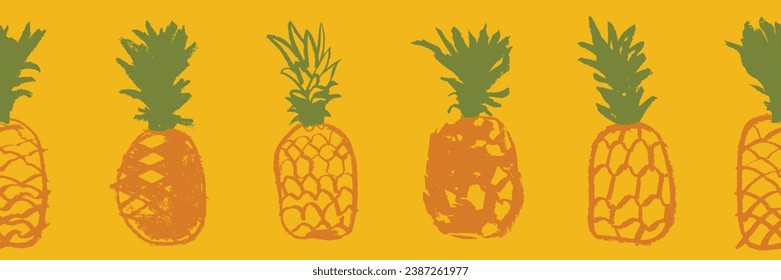 Ananas nahtloses Muster mit farbigen, handgezeichneten Ananas-Rahmen. Design von Bannervorlagen für gesunde Lebensmittel Vorlage für das Etikett für organische Ananas. Obst- und Beerendoodles für naturkosmetisches Design.