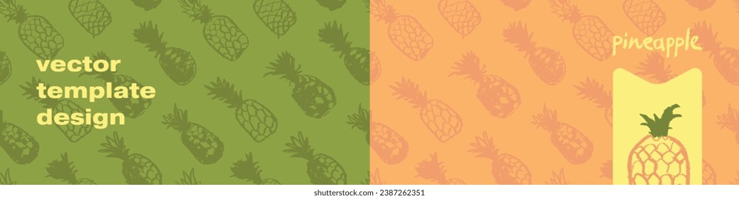 Pineapple seamless pattern with color hand drawn pineapples ornament. Healthy food idea banner template design. Organic ananas label template. Fruit and berries doodles for natural cosmetic design.