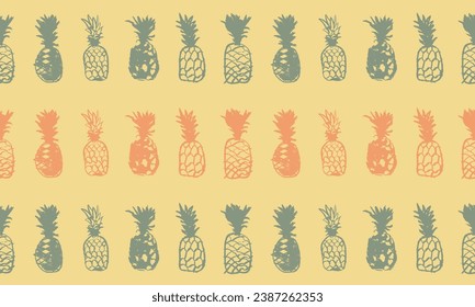 Pineapple seamless pattern with color hand drawn pineapples ornament. Healthy food idea banner template design. Organic ananas label template. Fruit and berries doodles for natural cosmetic design.