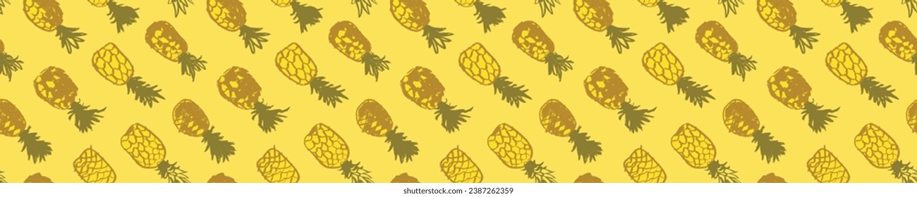 Pineapple seamless pattern with color hand drawn pineapples ornament. Healthy food idea banner template design. Organic ananas label template. Fruit and berries doodles for natural cosmetic design.