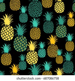 Pineapple seamless pattern. Colorful pineapples on black background. Summer tropical all over print.