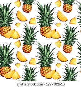 Pineapple seamless pattern. Design with hand drawn illustration of pineapple with leaves and pineapple slices. Can be used for printing on fabric, paper, clothes, wallpapers