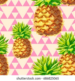 Pineapple seamless pattern. Exotic fruits pop art style vector background