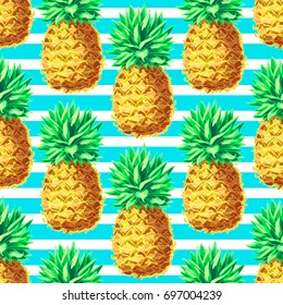 Pineapple seamless pattern. Exotic fruits vector illustration striped background
