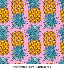 Pineapple seamless pattern. Exotic, summer, tropical fruit. Hand drawn. Perfect for backgrounds, textile, fabric prints. 