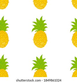 Pineapple seamless pattern. Exotic tropical fruit with stamp texture, fresh whole juicy yellow ananas with green leaves, decor textile, wrapping paper wallpaper fabric vector texture white background