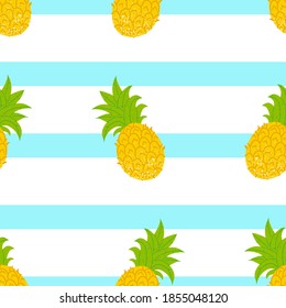 Pineapple seamless pattern. Exotic tropical fruit with stamp texture, fresh whole juicy yellow ananas, decor textile, wrapping paper wallpaper fabric vector texture white blue striped background