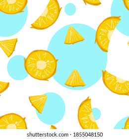Pineapple seamless pattern. Exotic tropical fruit with stamp texture, fresh piece juicy yellow ananas with green leaves, decor textile, wrapping paper wallpaper fabric vector texture blue background