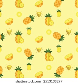 Padrão sem emenda de abacaxi, emblema do produto de Ananas frescas da fazenda para a mercearia, Slides, seções longas e transversais, e posições diferentes, ilustração vetor simples plana de legumes e frutas.