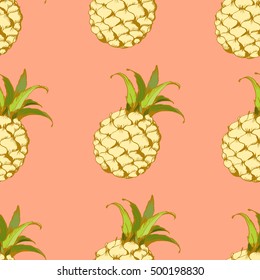 Pineapple. Seamless pattern with fruits. Bright vector background for your design.