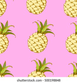 Pineapple. Seamless pattern with fruits. Bright vector background for your design.