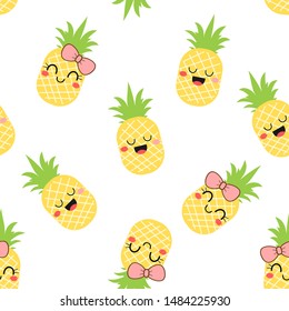 Pineapple seamless pattern, funny cartoon character with green leaves on white background. cute fresh fruit vector illustration.