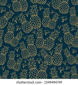 Pineapple seamless pattern. Golden contour on dark blue background, cute simple style, tropical trend, fashion, textile, wallpaper, vector background illustration.