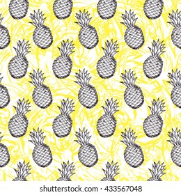 Pineapple seamless pattern. Hand drawing fruit. Tropical background.