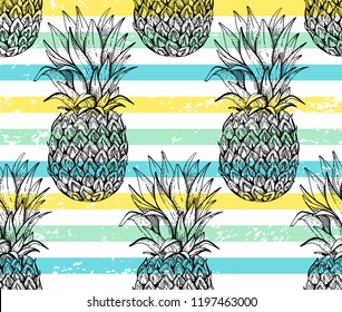 Pineapple seamless pattern, hand drawn doodle texture. Textile print for apparel. Realistic handmade line ananas, grunge stripes background. Handdrawn vector illustration isolated on white background.